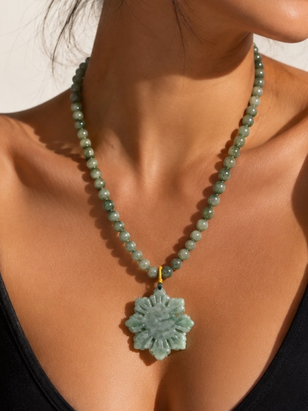 Genuine Grade A Jade beaded necklace d with filipino sun carved jade charm